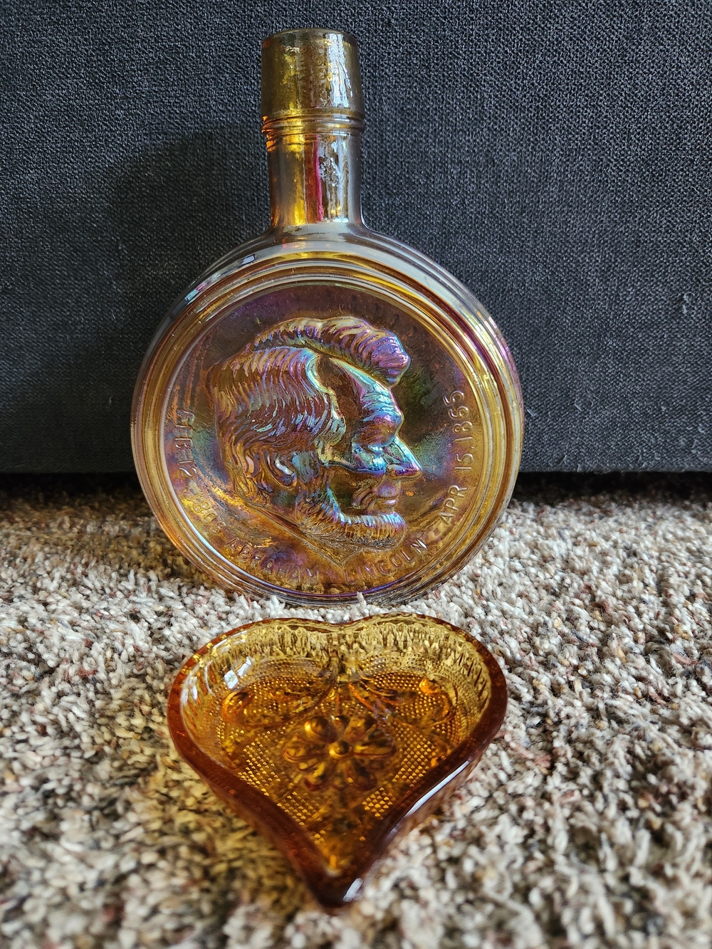Iridescent Lincoln Flask Bottle & Amber Heart Dish commemorative vintage unique